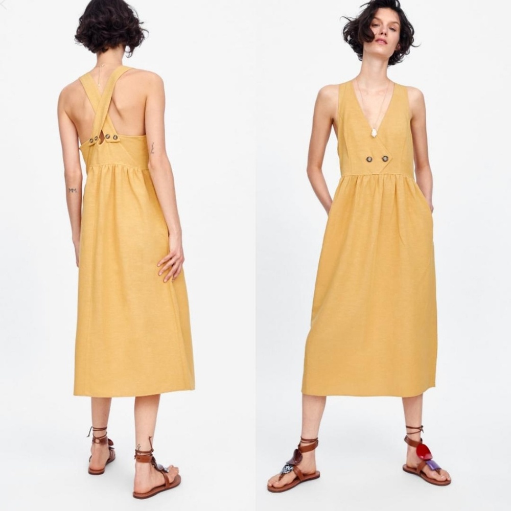 Zara Halter Crisscross V-neck Midi Dress Mustard
